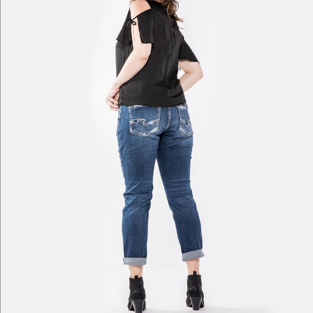 Silver Jeans Sam Boyfriend Distressed Stretch Mid High Waist Dark Wash Blue Plus